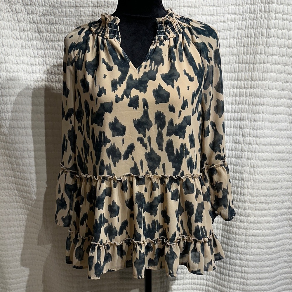 Entro Animal Print Black and Tan Ruffle Long Sleeve Flowy V Neck Blouse